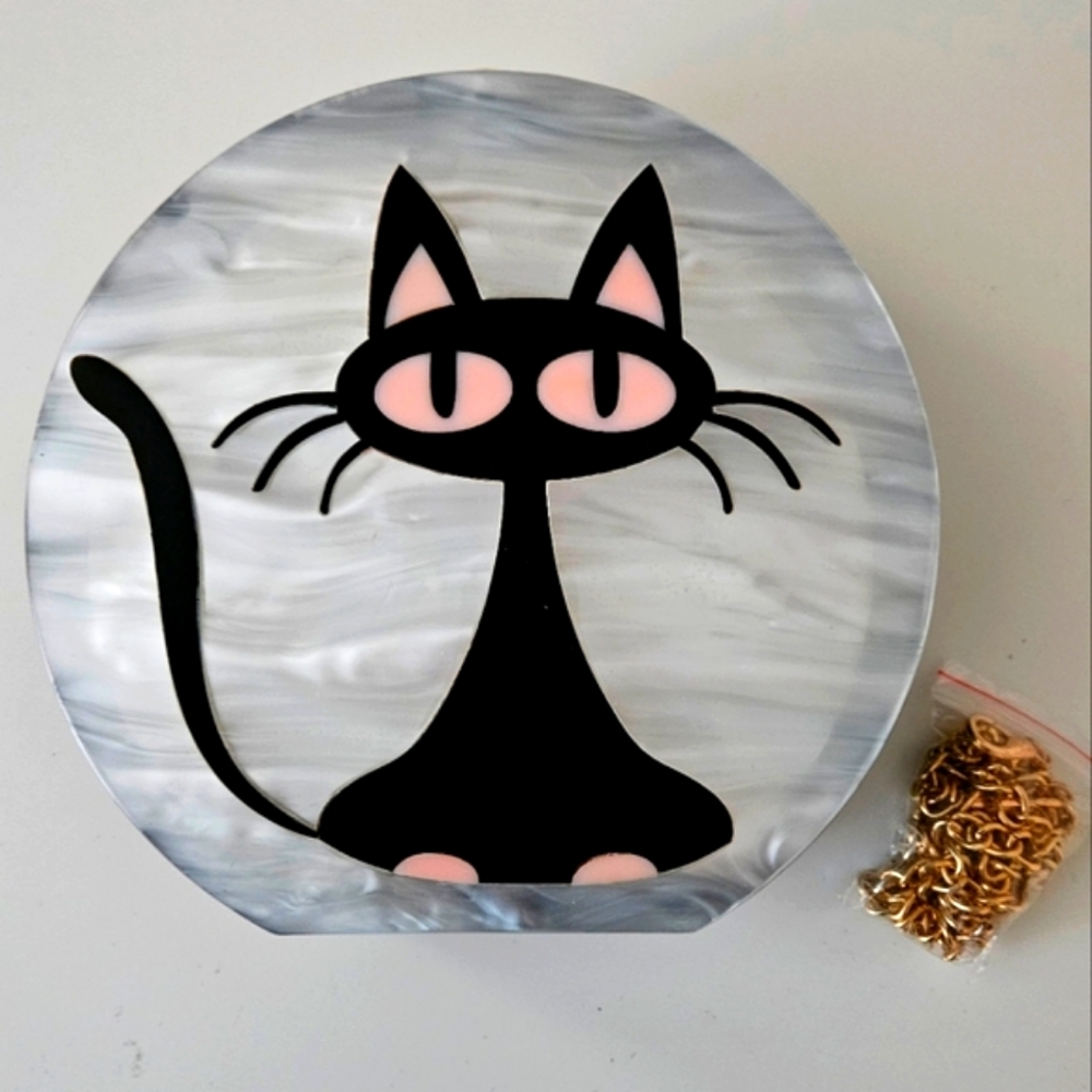 1950's Style Hard Plastic Acrylic Pearl Grey Round Black Cat Clutch Bag